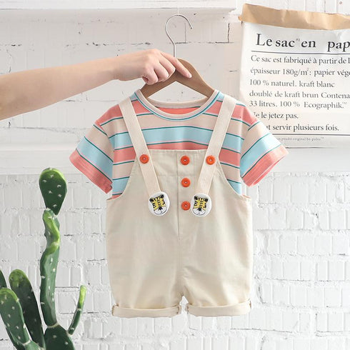 Children's Short Sleeved T-shirt Set Striped Webbing Suspenders Two-piece Set
